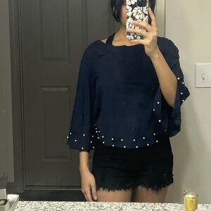 Pearl-Hem Navy Bell Sleeve Top